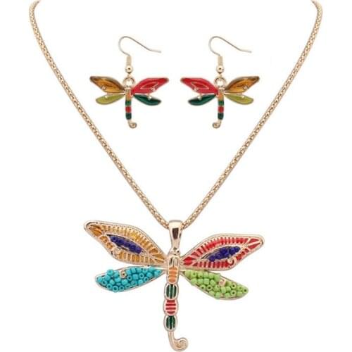 Insect Jewelry Sets Gold Filled Womens Dragonfly Necklace Earrings Jewelry Sets