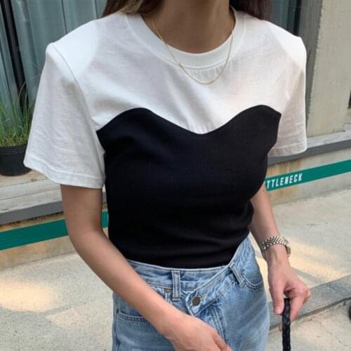 2021 Summer Slim Waist Patchwork T Shirt Women O Neck Contrast Color Short Sleeve Tees Shirts Korean Fashion Sexy Tops