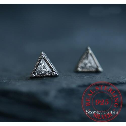 Vintage Design 925 Sterling Silver Crystal Triangle Stud Earrings For Women Lady Fashion Jewelry pendientes eh864