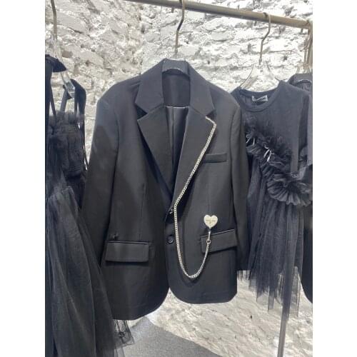 Spring High 2021SS Quality Women Chains Diamonds Heart Loose Blazer Jacket Female Fashion Coat Overcoat Ddxgz2 3.16