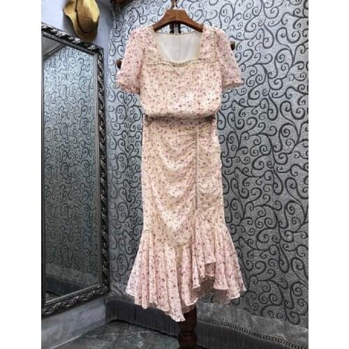 High Quality Womens Set 2021 Summer Sexy Party Skirt Suit Ladies Beading Deco Floral Tops Blouse+High Waist Mermaid Skirt Sets