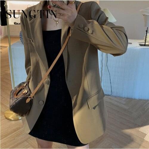 Sungtin fashion oversized office lady blazer jacket women classic button solid causal jackets Korean elegant loose clothes 2021