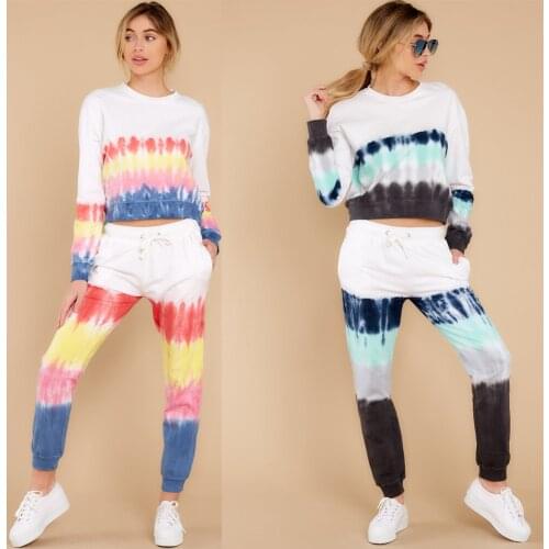 2pcs Sports Suit Set for Women Tie-Dye Print Round Neck Long Sleeve Top Shirt Elastic Drawstring Fashion Trousers Casual Outfits