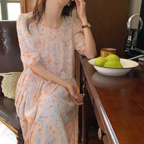 2021 New Women Summer Vintage Long Floral Dress Puff Sleeve Loose Waisted Pullover Maxi Sundress