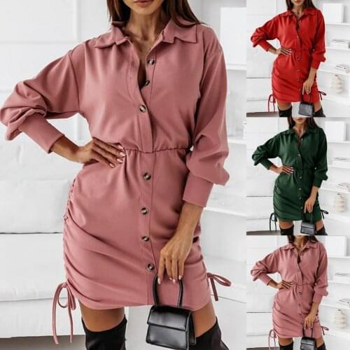 Ladies Dress Turn-down Collar High Waist Comfy Solid Color Single-breasted Shirt Dress Women Shirring Tight Hip Dress Daily Wear
