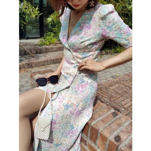 Women V-neck Wrap Dress Side Buttons Lace-up Short Sleeve Printing Vintage Midi Dress Holiday