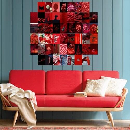 50pcs Red Tone Fluorescence Neon Aesthetic Flowers Pictures Wall Stickers Collage Kits Photos Collection Girl Bedroom Decor