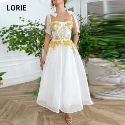 LORIE White and Gold Prom Dresses 2021 Sweetheart Appliques Tea Length Built-in Pads Boning Evening Party Gown for Graduation