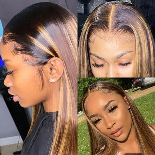 4/27 Ombre Highlight Human Hair Wig Brown Honey Blonde Color 13x4 Lace Front Wigs For Black Women Brazilian Straight Remy Hair