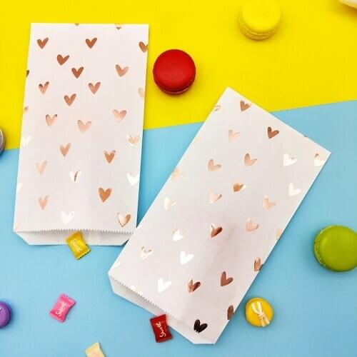 Candy Gift Paper Bag 25pcs White and Rose Gold Foil Heart Wedding Bridal Shower Wedding Birthday Anniversary Favor Sweet Bag