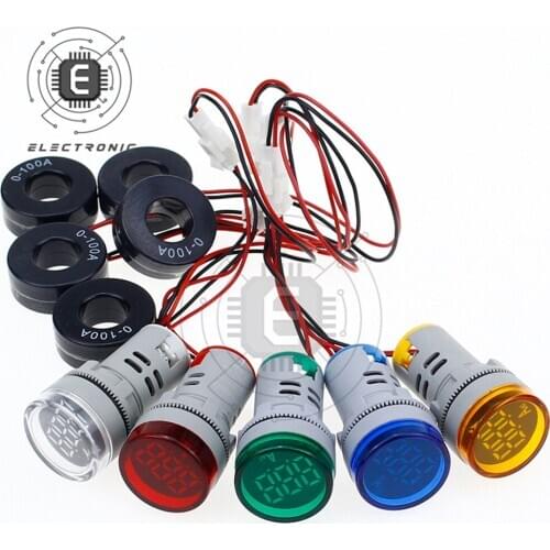 DIY 22mm 0-100A Digital Voltmeter Ammeter AC 60-500V Voltage Current Meter Tester Meters Indicator Led Lamp Round Signal Light