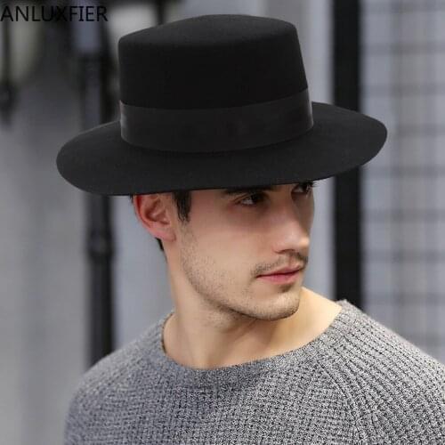 H7220 New Autumn Winter Fedoras Hat Mens Wool Flat Top Jazz Fedora Cap Adult Male Euro-American Black Church Party Outdoor Hats