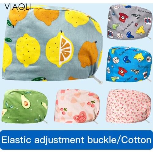 Pure Cotton Printed Surgical Cap Unisex Adjustable Nurse Cap Buckle Elastic for Long Hair Baotou Cap Fashion Pet Doctor Work Hat