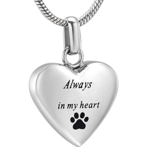 IJD8455 Pet Memorial Jewelry - Always In My Heart Urn Necklace For Ashes With Dog/Cat Paw Print Keepsake Pendant - Engravable
