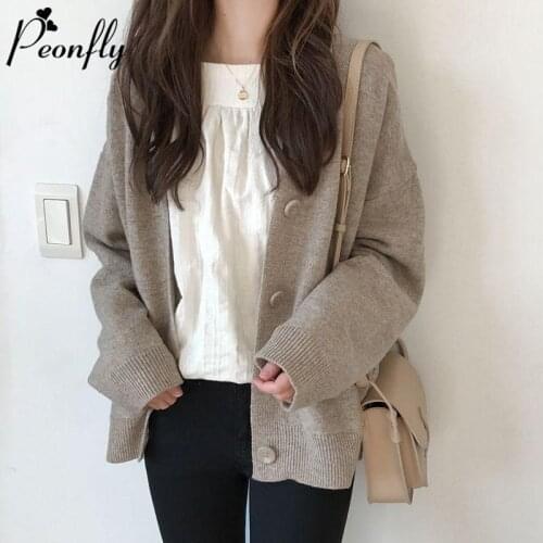 PEONFLY Fashion Knitted Cardigan Women Coat Solid 2020 Spring Fashion V Neck Long Sleeve Korean Style Sweater Coat Tops Ladies