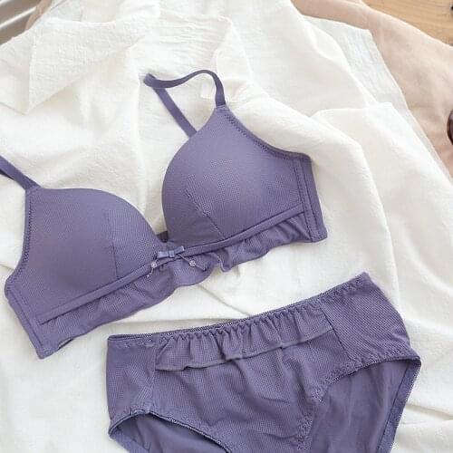 Thin non-steel ring solid color underwear set seamless small chest gathered white bra panties set comfortable girl lingerie