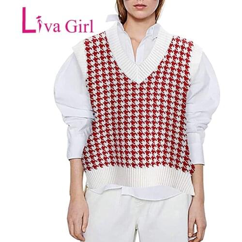 LIVA GIRL Autumn Winter Houndstooth Vest Woman V-Neck Sleeveless Pullover Knitted Sweater Female Plus Size Slim Jacket S-XXXL
