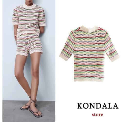 KONDALA Za Slim Girls' Sweaters Knitted Cotton Striped Print Vintage Sweaters Short Sleeve Fashion 2021 Chic Mujer Pullovers