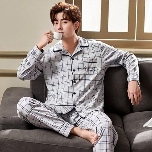 Spring Summer Men Pajama Set Cotton Warm Pajamas Plus Size Casual Plaid Long Sleeve Sleepwear Suit Comfortable Stretch Homewear