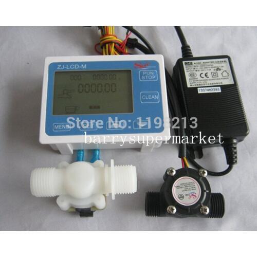 Water Flow Meter flowmeter hall flow sensor indicator Counter LCD display+ Flow Sensor + Solenoid valve +Power Adapter DN15 G1/2