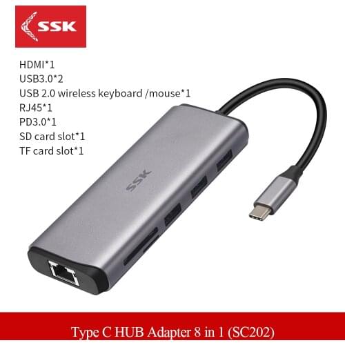 SSK USB C Hub,8-in-1 Type C Multiport Hub Adapter with RJ45 Ethernet, 4K HDMI, PD3.0 Powered, 2*USB 3.0, 1*USB2.0, SD/TF Reader