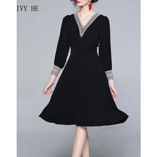 IVY HE High Quality Autumn Dress Woman Clothing Elegant Embroidery V-Neck Solid Midi Long Dress Traf ZAfu Party Vintage Dresses