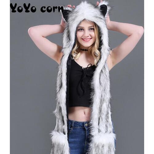 YOYOCORN Fox warm winter Europe and America imitation fur hat plush animal hat cute cartoon hat scarf gloves one set of head cap
