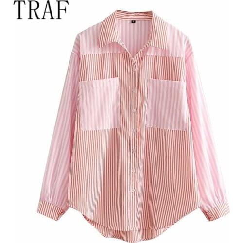 TRAF womens fashion thin solid color Long Sleeve Striped Shirt 2021 early autumn new small fresh sweet loose womens wear
