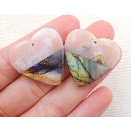 Natural Gemstone heart shape Pink Opal with Labradorite intarsia fashion woman Earrings,25x25x5mm,8.8g