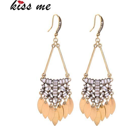 KISS ME Antique Gold Color Vintage Big Earrings for Women Zinc Alloy Crystal Drop Earrings Fashion Jewelry
