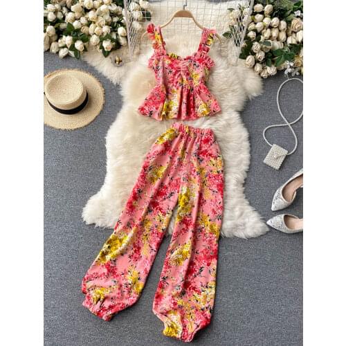 Womens Summer Suit Hong Kong Style Floral Square Neck Ruffle Sling Crop Top + High-waist Pants Two-piece New Female Sets