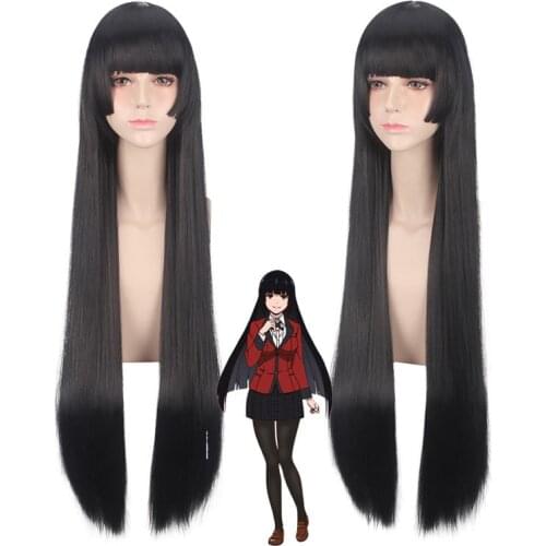 100cm Kakegurui Yumeko Jabami Cosplay Wigs Black Straight Heat Resistant Synthetic Hair Perucas Cosplay Wig