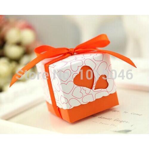 Free Shipping 100X Orange Hollow Heart Candy Box Wedding Favor Box Wedding Party Gift Box Ribbon Include