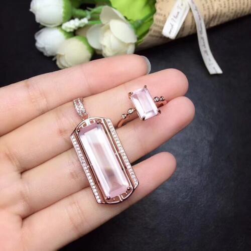 Free Shipping Natural Rose Quartz jewelry set Natural Real Rose Quartz 925 sterling silver 1pc pendant,1pc ring