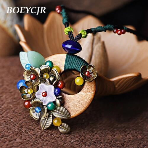 BOEYCJR Retro Ethnic Stone & Wood Necklace Handmade Jewelry Rope Chain Vintage Glass Beads Pendant Necklace for Women Gift