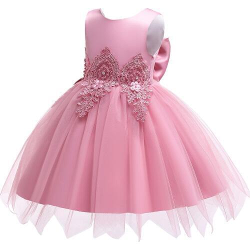 Infant Lace Embroidery Flower Girl Dress Kids Birthday Party Dress for Girls Beaded Bridesmaid Dress Baby Girls Solid Clothes