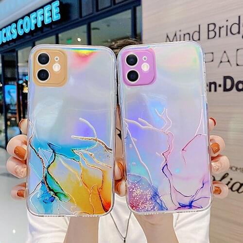 Gradient Marble Watercolor Painting Phone Case For iPhone 11 12 Pro Max XS X XR Mini 7 8 6s Plus SE Laser Clear Shockproof Cover