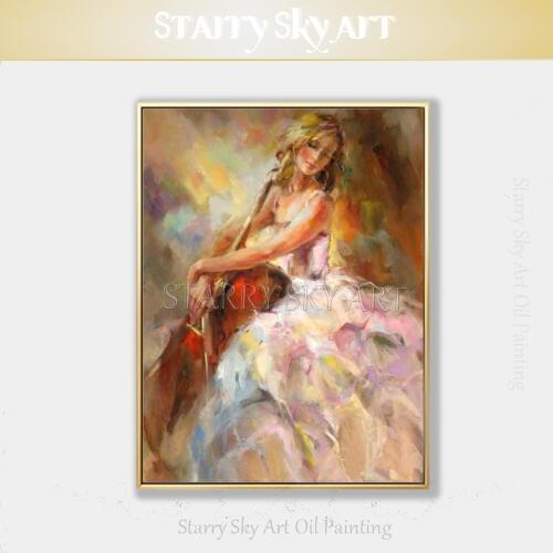 Artist Hand-painted High Quality Impressionist Lady Playing Cello Oil Painting on Canvas Musical Instrument Cello Oil Painting