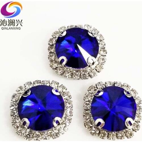 Round shape top glass crystal rhinestones with hole,Royalblue Silver bottom sew on stone for Diy Clothing accessories SWWK11