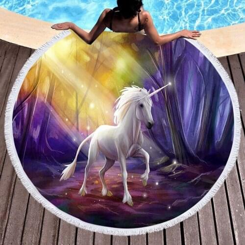 Round Beach Towel Delicate Floral 3DPrint Microfiber Sand Free Fabric Bath Towels Unicorn for Outdoor Mat Living Home Decoration