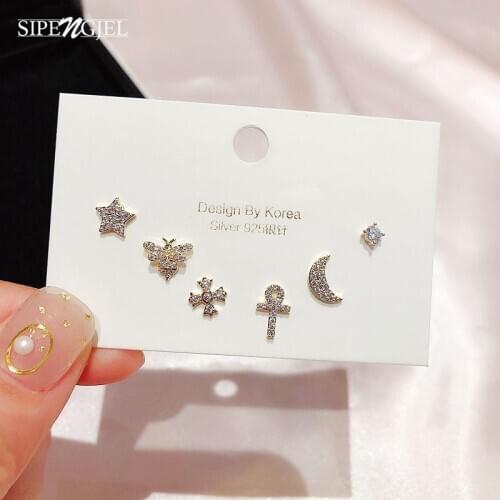 Fashion Cubic Zirconia 6 Pcs Stud Earrings Sets Nice Star Moon Bee Cross Stud Earrings For Women Korean Jewelry