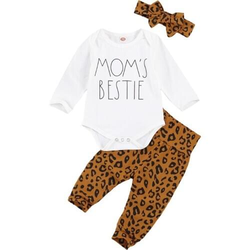 0-18M Infant Baby Girls 3Pcs Set Long Sleeve MOMS BESTIE Letter Print Bodysuit+Leopard Print Long Pants+Headband