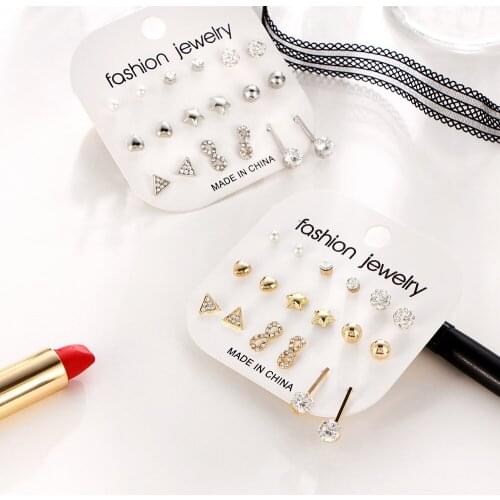 Set of 9 pairs of ear studs crystal peach heart triangle diamond earrings for women 2021 fashion jewelry