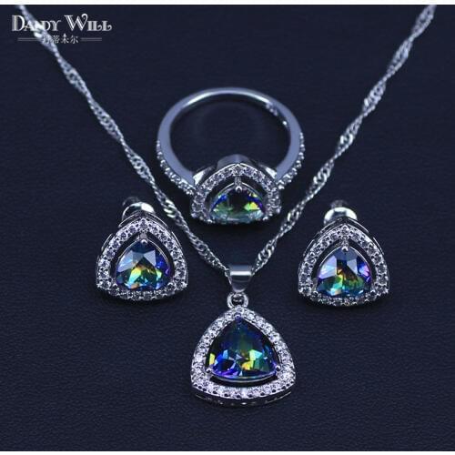 Mystic silver color Rainbow Fire Cubic Zirconia Jewelry Sets Women Jewelry Earrings/Pendant/Necklace/Rings set