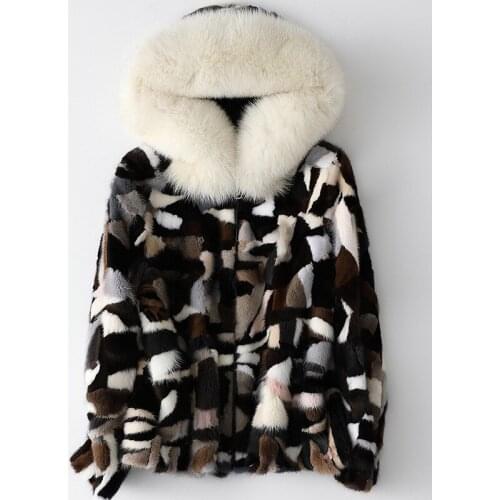 New Autumn Winter Fox Fur Collar Hooded Mink Coat OL Style Real Mink Fur Coat Patchwork Long Sleeve Warm Casual Overcoat Women