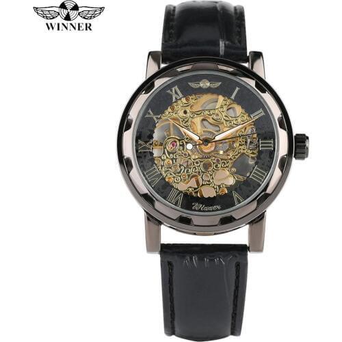 Luxury Mechanical Skeleton Watch for Men Gold Case Watch for Male Fashion Leather Strap Self-Winding Mechanical Watches for Boy