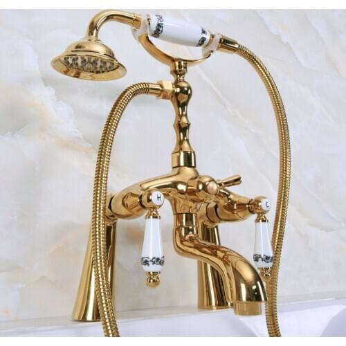 Luxury Gold Color Brass Deck Mounted Bathroom Clawfoot Bathtub Mixer Tap With Hand Shower Head Bath & Shower Faucet Lna135