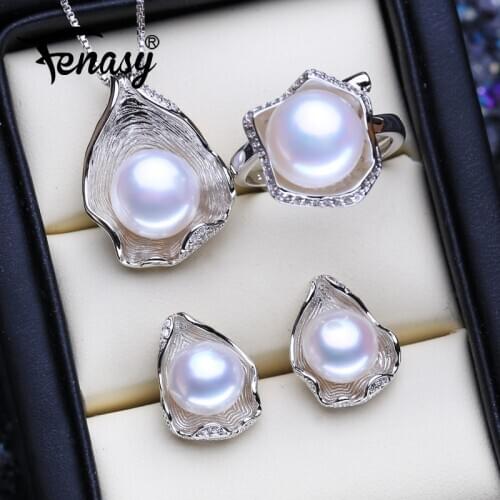 FENASY 925 Sterling Silver Jewelry Sets Natural Pearl Pendant Necklaces For Women Shell Shape Stud Earrings Fashion Rings