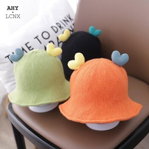 Winter Korean Baby Knitted Hat For Girl Boy Autumn Warm Cap Lovely Heart Children Bucket Hats Candy Color Fisherman Caps