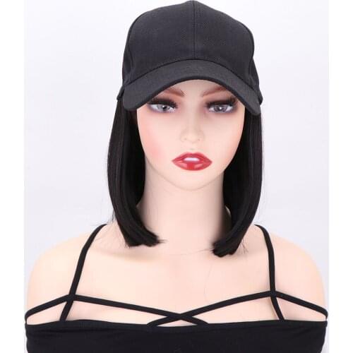 Kimi Hair Short Straight Hair Synthetic Baseball Cap Wig Natural Black Connect Synthetic Hat Bob Wig Adjustable